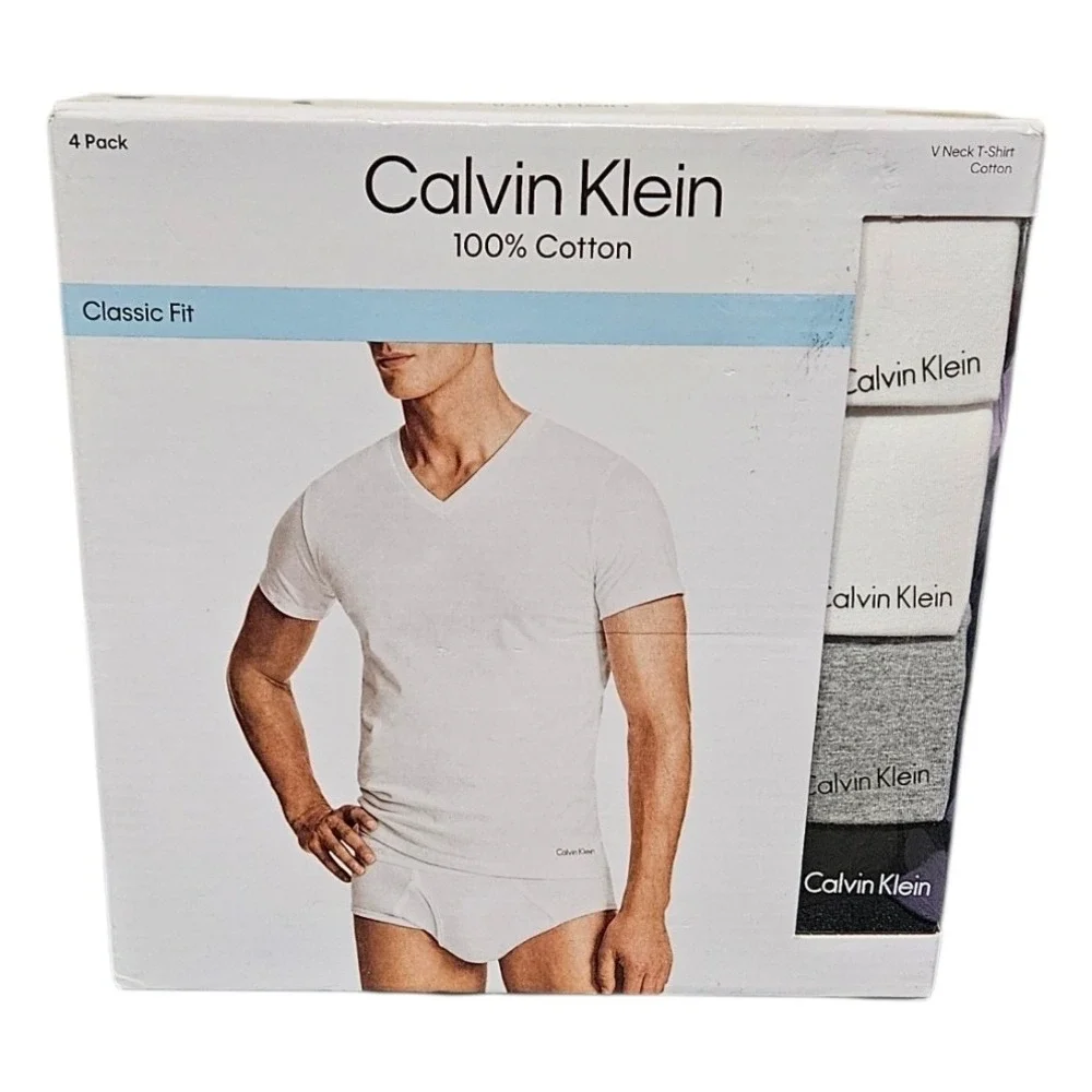 Calvin Klein Mens 4 Pack Classic Fit V-Neck T-Shirts White Black Cotton Medium